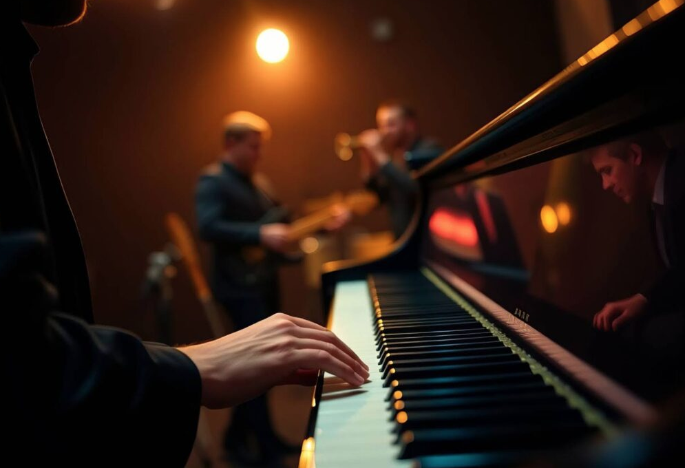 A close-up on a musician's hand playing blues on the piano